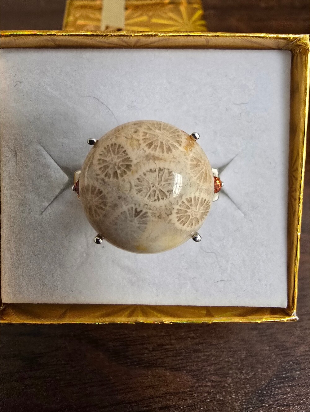 925 Vintage Sterling Silver Agatized Fossil Coral Statement Ring Size 9 Flower